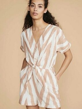 LOU & GREY X LOFT Romper Ikat Chevron Tie Front Button Down 100% Cotton Summer